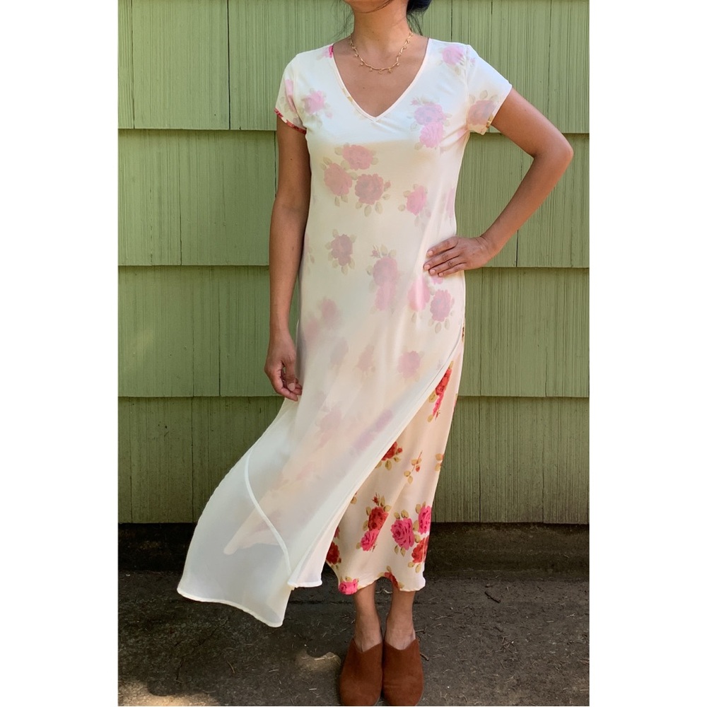 1990s cream floral rose print layered long short sleeve v-neck dress by Express